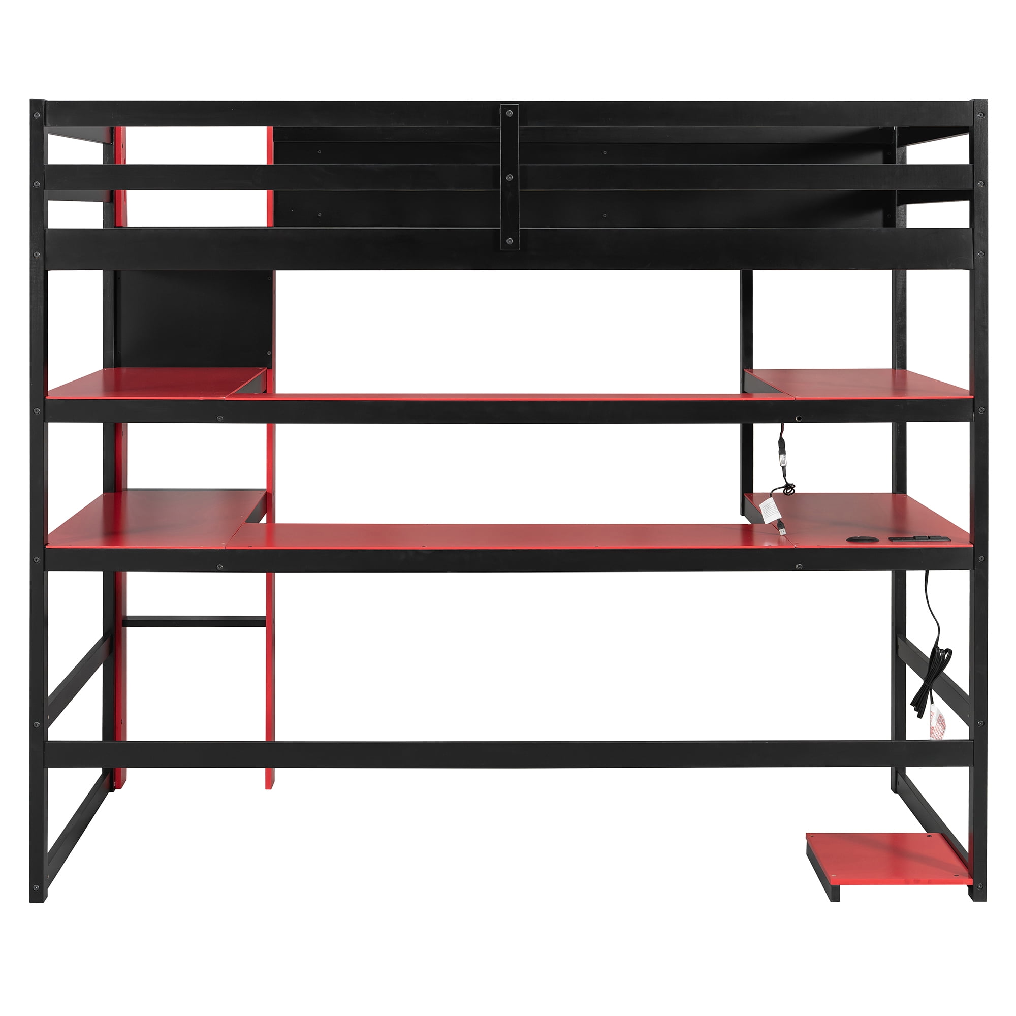 Mintazer Twin Size Gaming Loft Bed with U-Shaped Desk & LED Lights, Modern Bed Frame with Shelves & Charging Station for Dorm Bedroom Apartment, Black & Red