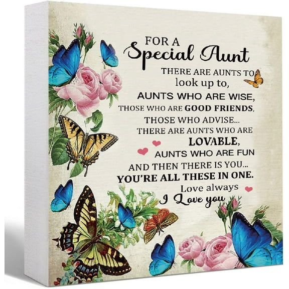 Aunt Gift From Niece Or Nephew, For A Special Aunt Quote Butterfly Wood Block Sign Desk Decor For Aunt, Mother‘S Day Birthday Gifts For Aunt 5x5 Inch