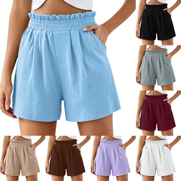 Zulora Women's Solid Color Shorts With Ruffled Waist And Pockets High Waisted Casual Elastic Waist Summer Beach Daily Shorts​