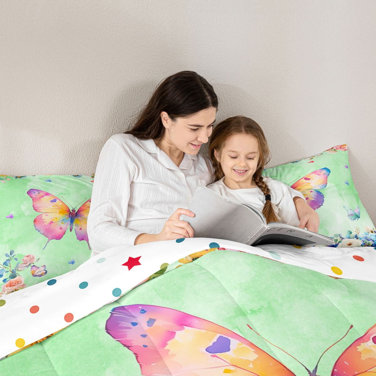 Homewish Chic Butterflies 7pcs Bedding Comforter Set,Rustic Flower Queen Bedding Sets,Green Pink Queen Sheet Sets For Girls Kids,Microfiber Bedroom Decor Reversible