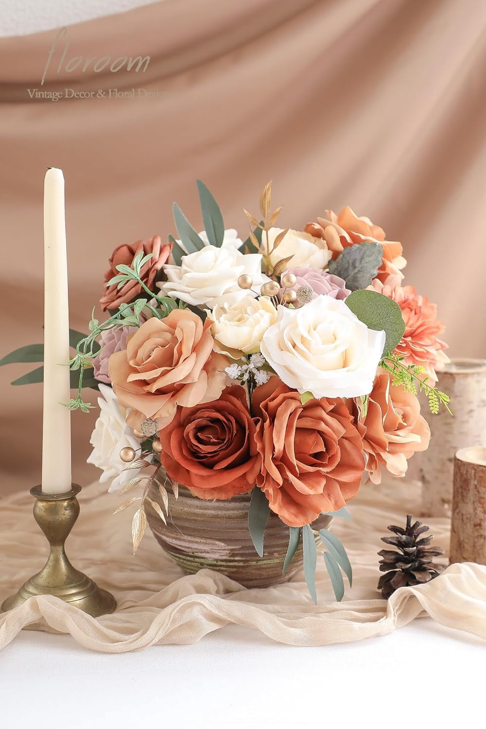 Terracotta Artificial Flowers Burnt Orange Fake Roses Peonies Dahlia Greenery Combo Box Set for DIY Wedding Bouquets Bridal Shower Centerpieces Floral Arrangements Party Tables Home Decoration