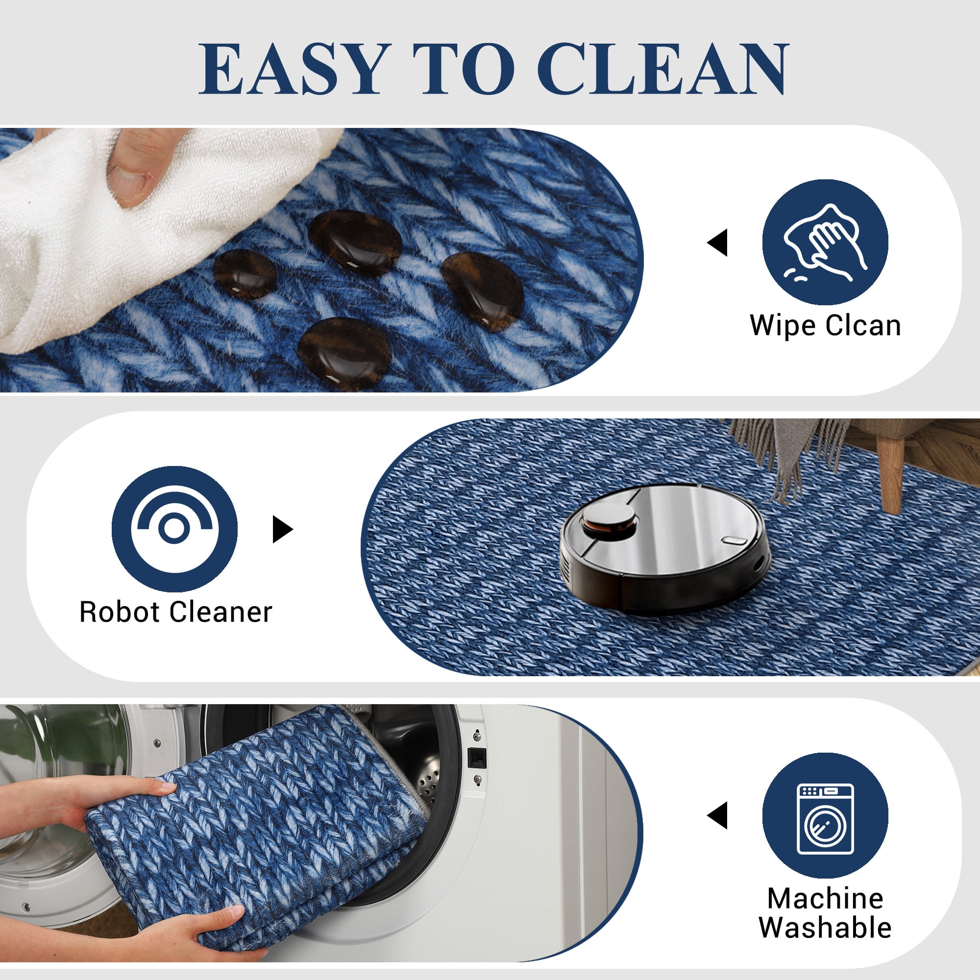 Garvee 10'x13' Large Modern Braided Print Area Rug Low Pile Non Slip Area Rugs for Living Room Bedroom, Navy Blue