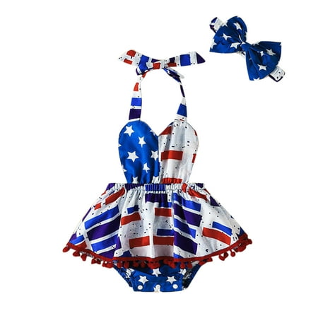 

Rovga Baby Girls 3M-18M Sleeveless Independence Day 4Th Of July Stars Striped Printed Tassels Backless Romper Bodysuitt Headbands Outfits Baby Cute Beautiful Clothing