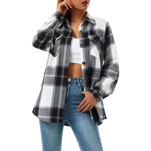 GYUJNB Women's Flannel Plaid Shacket Jacket Long Sleeve Button Down Wool Blend Shirts Jacket Coats with Side Pockets