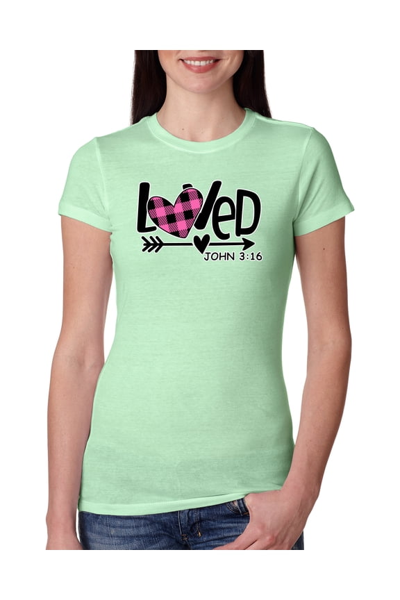 , Loved John 3:16 Inspirational/Christian Women Slim Fit Junior Tee, Mint, Small