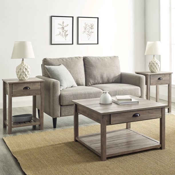 Manor Park Modern Farmhouse Grooved Shelf Grey Wash Accent Table Set