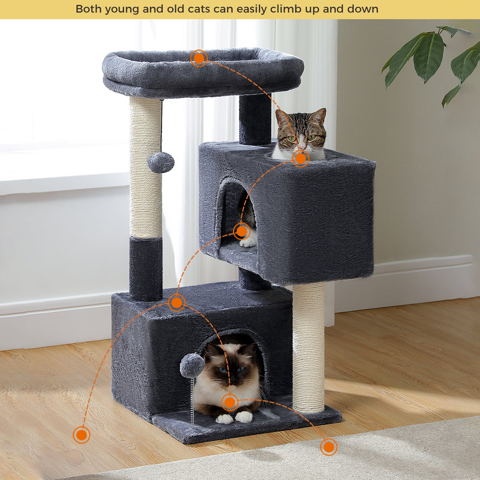 Pefilos 31" Multi-Level Cat Tree Tower, Cute Sisal Play House Climber Activity Centre Furniture with Scratching Posts Hammock Dangling Ball, Dark Gray Pefilos 31" Multi-Level Cat Tree Tower, Cute Sisal Play House Climber Activity Centre Furniture with Scratching Posts Hammock Dangling Ball, Dark Gray