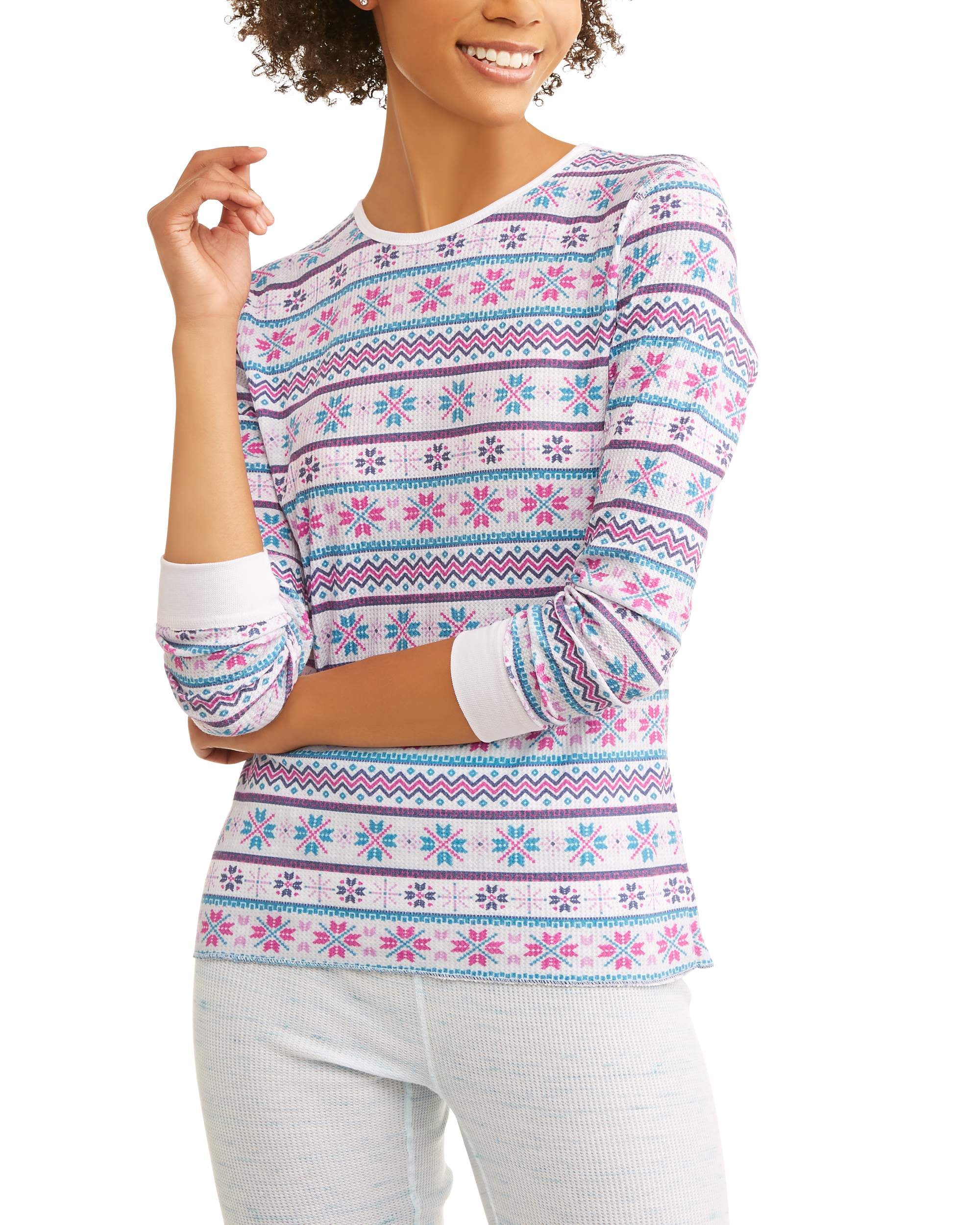 Women's Waffle Printed Thermal Crew Top