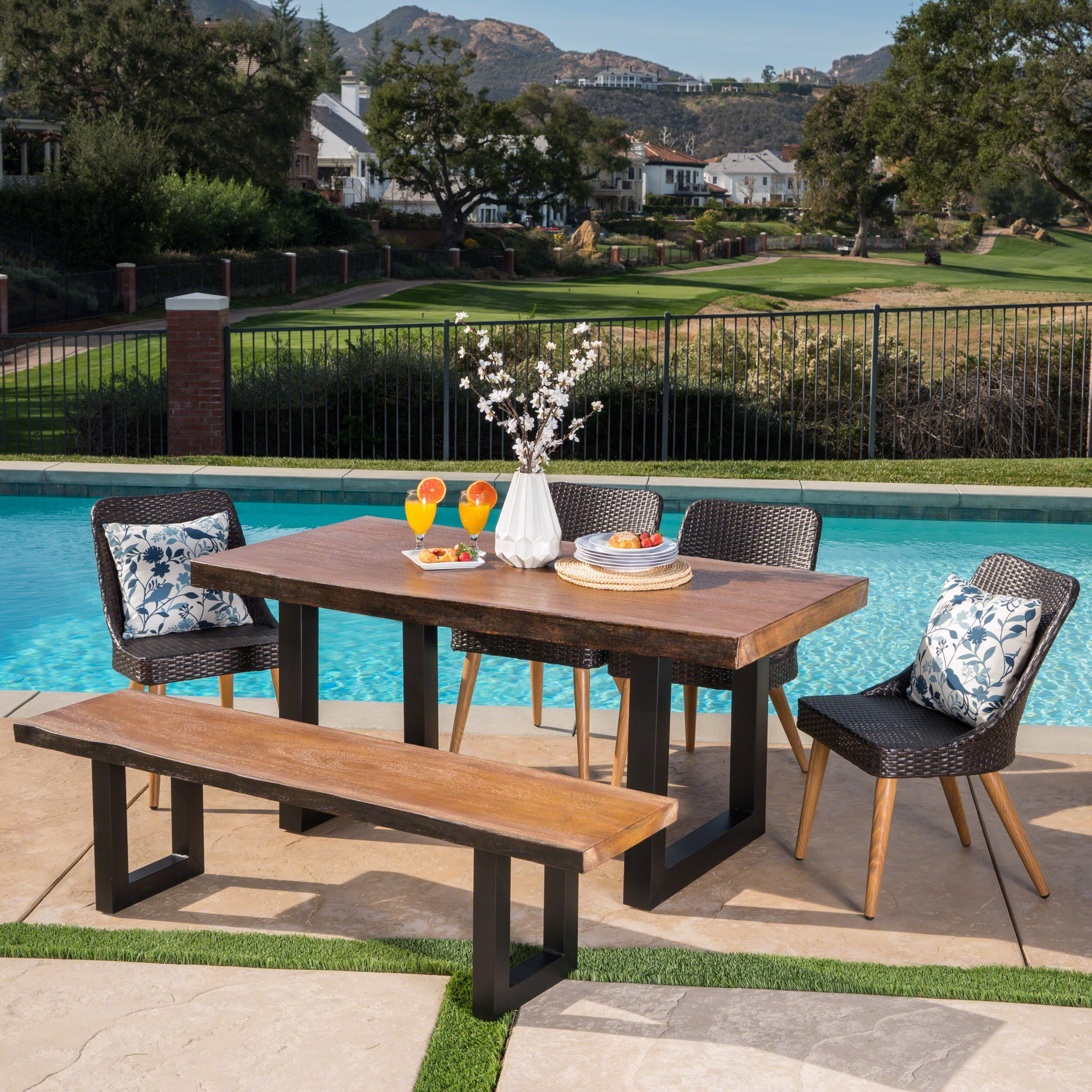 Dallas Outdoor 6 Piece Wicker Dining Set with Concrete Table and Bench