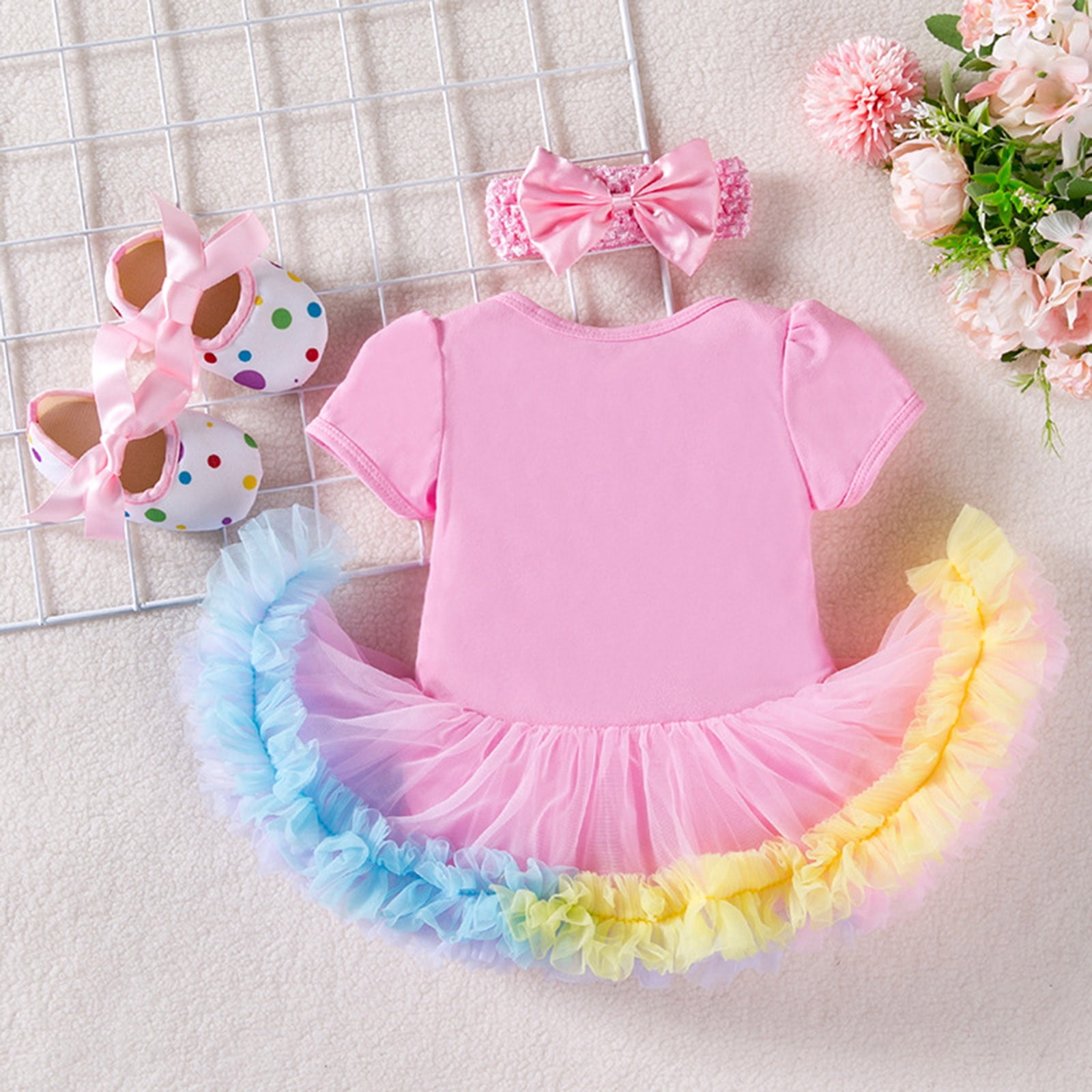 Easter Outfit Girl Baby Girls My 1St Easter Bunny Eggs Print Romper Tutu Dress Headband Shoes 3 Piece Outfit My First Easter Pink 0 Months-3 Months