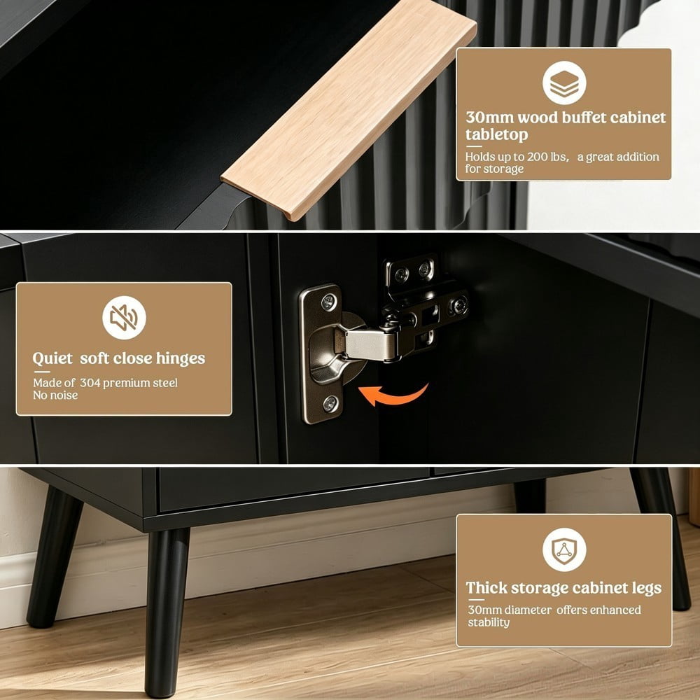 Kitchen Storage Cabinet, Buffet Cabinet with 2 Doors & Drawer, Adjustable Shelves, Wood Sideboard with Solid Wood Legs, Black
