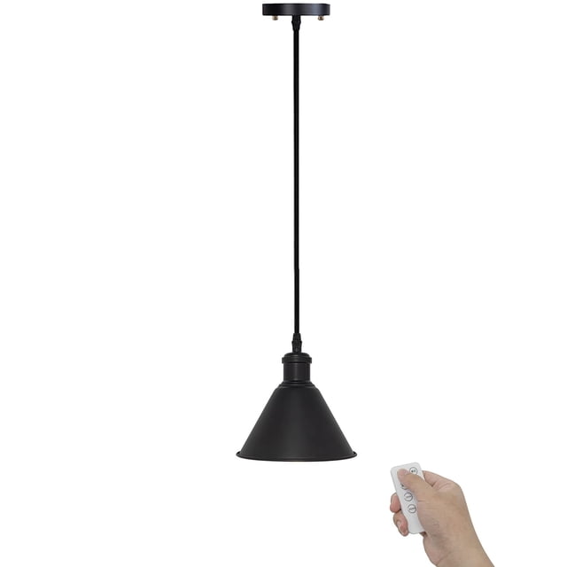 FSLiving USB Charging Dimmable Cordless Remote Control Battery Power LED Pendant Light Fixture Low-Voltage 5V LED Modern Design Black Metal for Laundry Dorm Bedroom Easy to Install-1 Pack