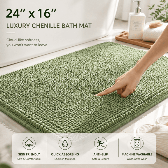 Small 24x16 Chenille Bath Rug, Extra Soft, Absorbent, Quick Dry with Rubber Backing, Machine Washable for Bathroom Floor, Tub & Shower, Sage Green