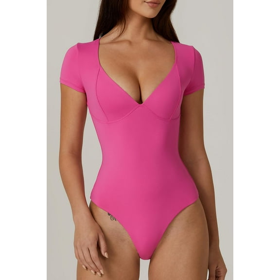 SMZ Womens V Neck Short Sleeve Bodysuit Double Lined Soft Body Suit Top Basic Shirt