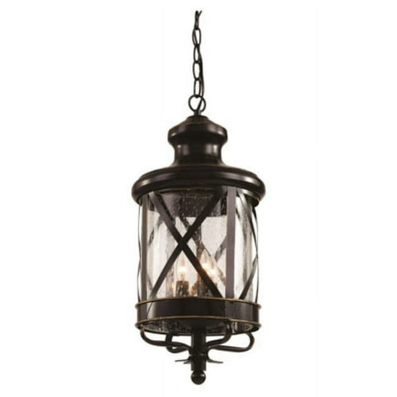 Three Light Rubbed Oil Bronze Clear Seeded Glass Hanging Lantern