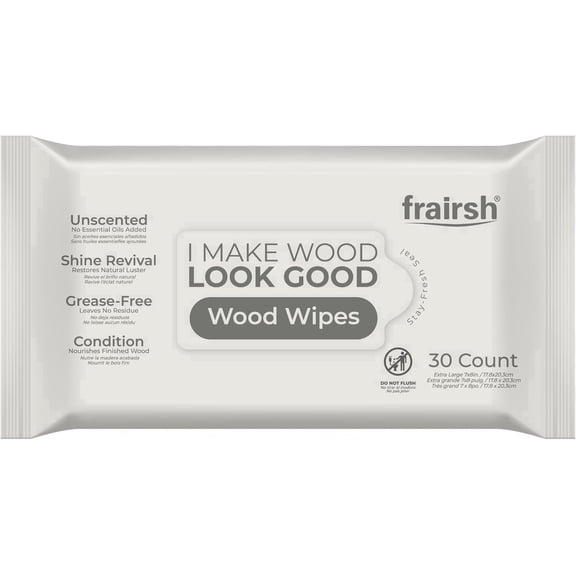 FRAIRSH Wood Cleaning Wipes 30 Ct, Clean Polish Condition Wet Cleaner Wipes for Wooden Furniture, Kitchen Cabinets, Doors, Desks, Tables & Carved Wood, Remove Dust, Restore and Protect Shiny Surface