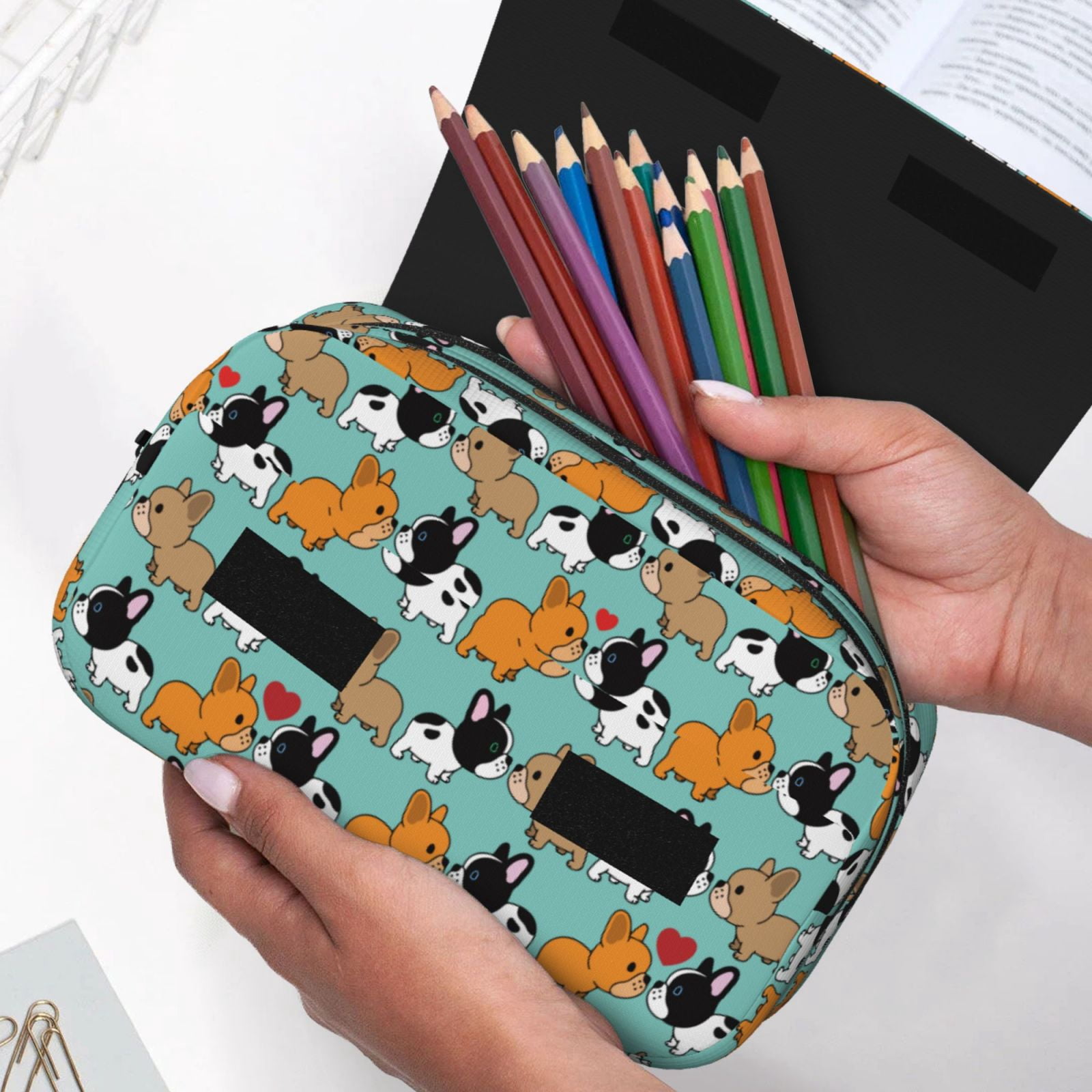 Rateoe Cute French Bulldog Pattern Double Clamshell Pen Case, Storage Organizer with Two Zipper Compartments– Holds Up to 50 Pencils & Pens
