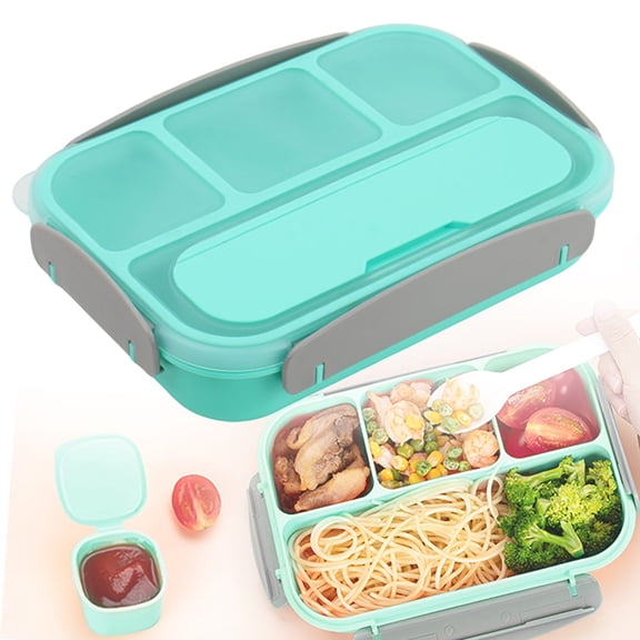Bento Box Adult Lunch Box, Containers for Adults Men Women with 4 Compartments, Lunchable Food Container with Utensils, Sauce Jar, Muffin Liners, Microwave & Dishwasher Safe, Green