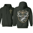 thumbnail image 3 of Hunting Faith Hoodie, Camo Cross with Antlers and Fish Graphic, Outdoor Christian Pullover for Hunters, Soft Cotton Blend, Made in USA, 3 of 6