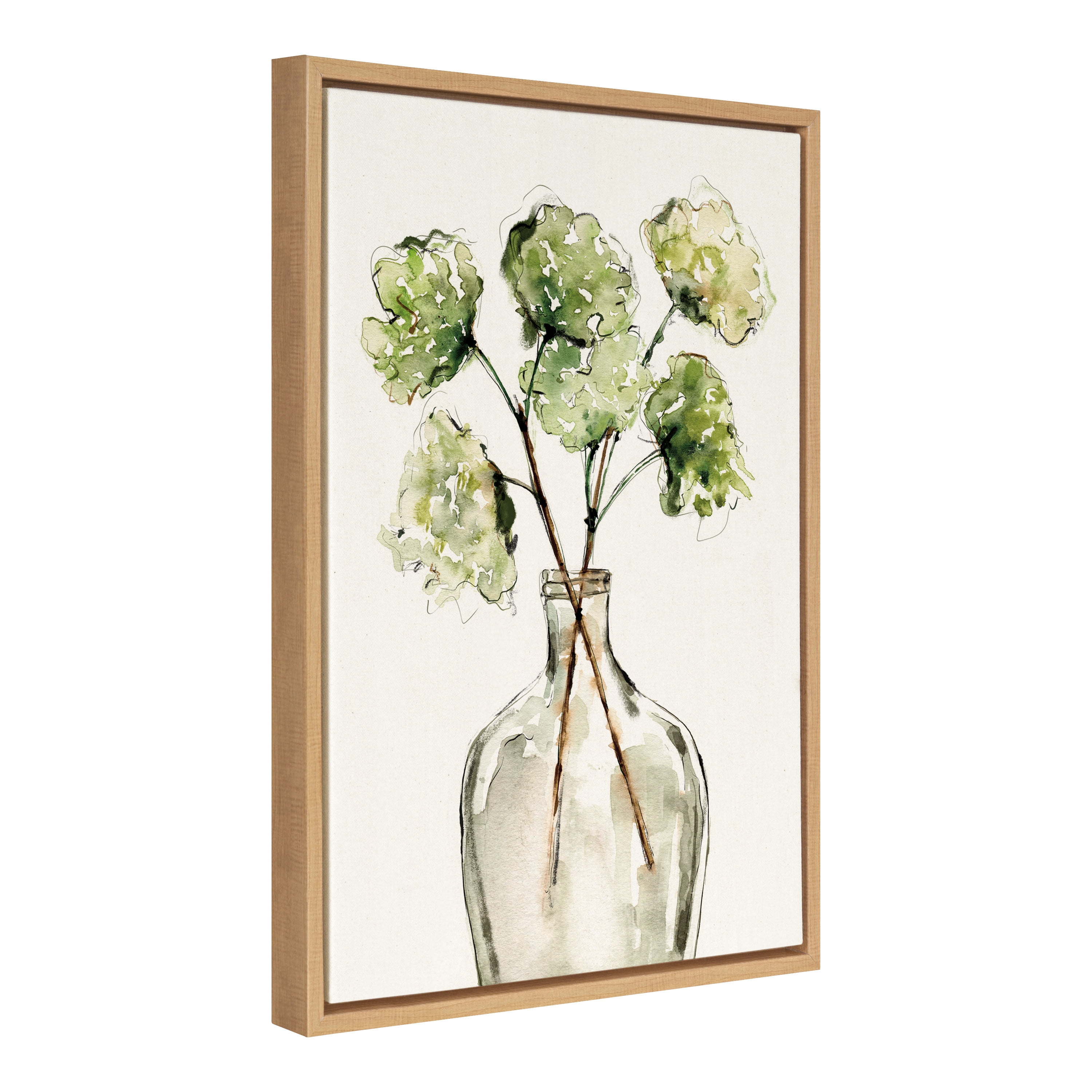 Kate and Laurel Sylvie Greenery Vase Framed Linen Textured Canvas Wall Art by Sara Berrenson, 18x24 Natural, Modern Nature Art for Wall