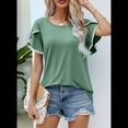thumbnail image 4 of Blusas Verano para Mujer con Mangas Pétalos, Camisetas Encaje Crochet con Cuello Redondo, Camisetas Casuales Holgadas Color Sólido, Camisetas Básicas Tipo Túnica. Verde L, 4 of 10