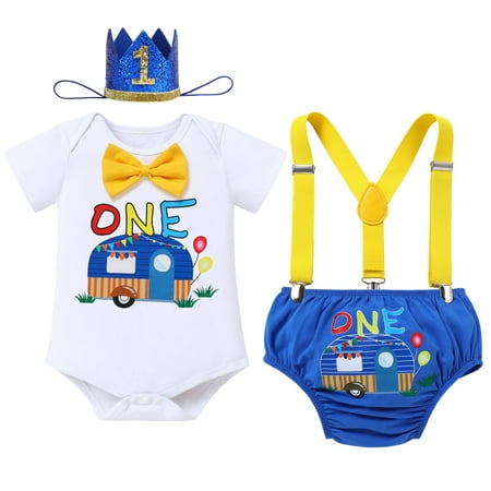 

Baby Boy Camping Theme First 1st Birthday Cake Smash Outfit One Year Old Party Photo Shooting Props Cotton Short Sleeve Romper Diaper Cover Shrots Suspenders Headband 4pcs Set Dark Blue