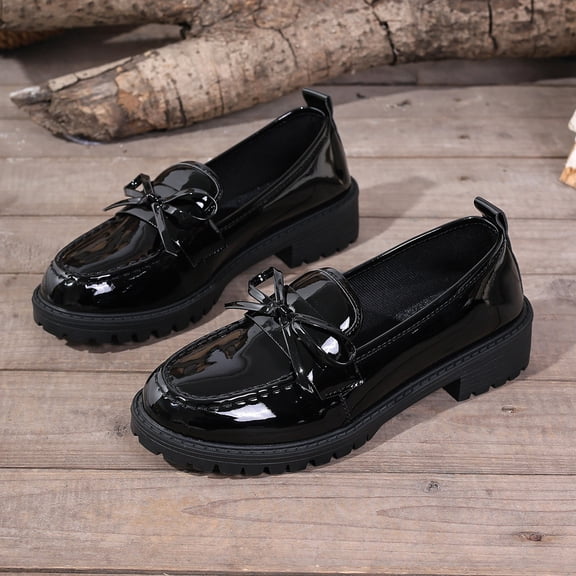 Bow Loafers for Women's Patent Leather Chunky Heel Dress Shoes Elegant Round Toe Platform Non-Slip Lug Sole Casual Work School Shoes for Business Office Everyday Wear,Black Size 42