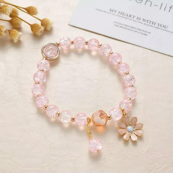 GKNET Sweet Crystal Daisy Flower Bracelet Women Glass Beads Elastic Rope Bracelet WY4-Pink
