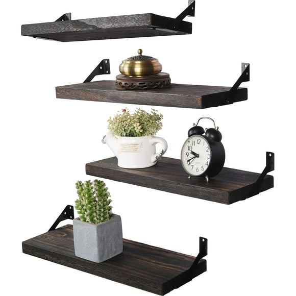 HXSWY Étagères Flottantes en Bois Rustique pour Décoration Murale Étagère Murale en Bois Style Ferme pour Salle de Bain Cuisine Chambre Salon Ensemble de 4 Brun Foncé
