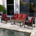 thumbnail image 3 of EAGLE PEAK 4 Pieces Natural Real Wood Cedar Outdoor Patio Conversation Set Spacious Seat Dining Chair & Sofa Set with Red Cushions, Slat Top Coffee Table, 3 of 9