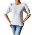 thumbnail image 4 of Oalirro Womens Blouses and Tops Dressy Women Blouses and Tops Fashion Women's Fashion Short Sleeve Round Neck Solid Color Loose Tops Blouse Puff Sleeve Knitted White, 4 of 6