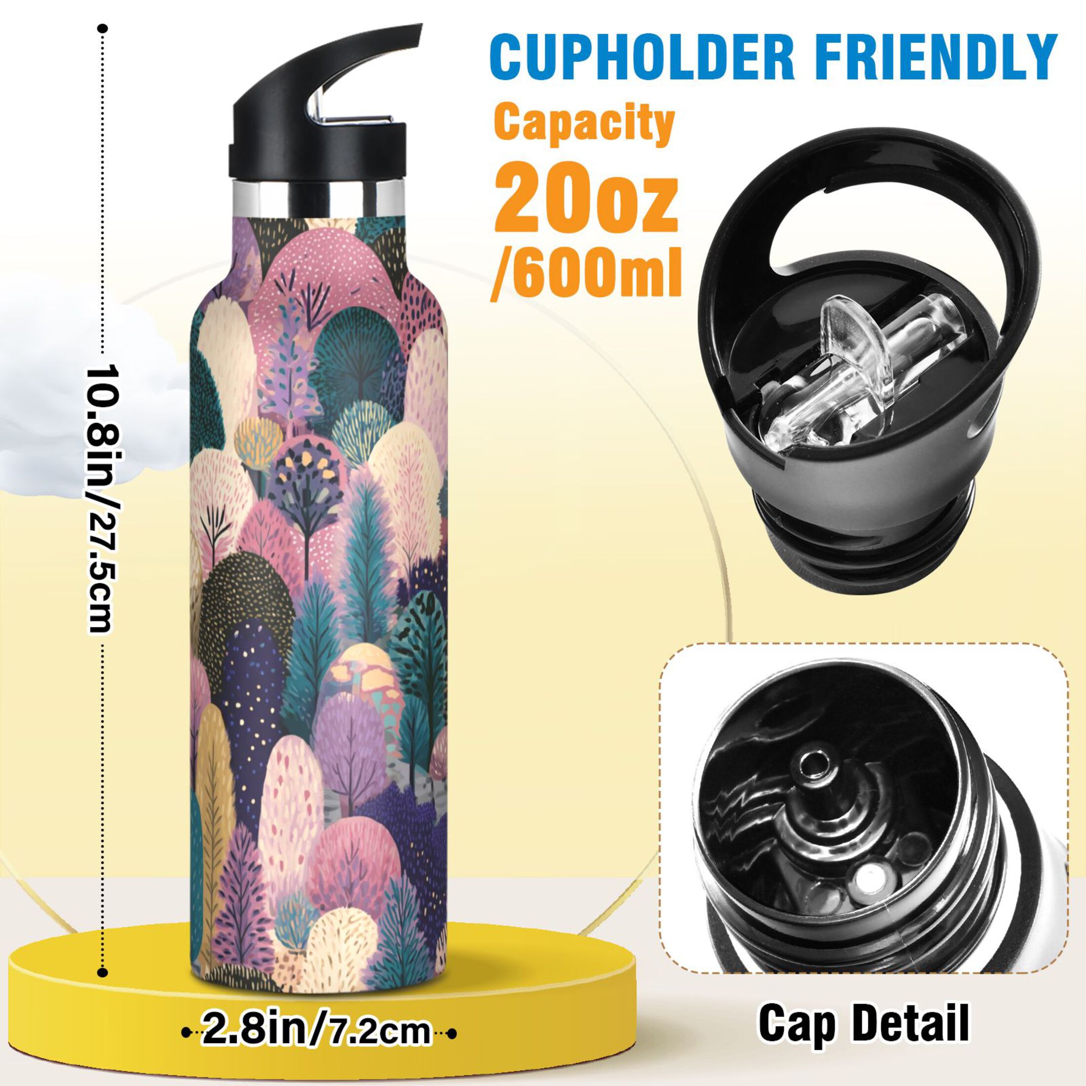 600ML Stainless Steel Insulated Cup Sports Water Bottle Portable Thermos Cup Water Glasses Insulated Tumblers Convenient and Durable Colorful Little Tree