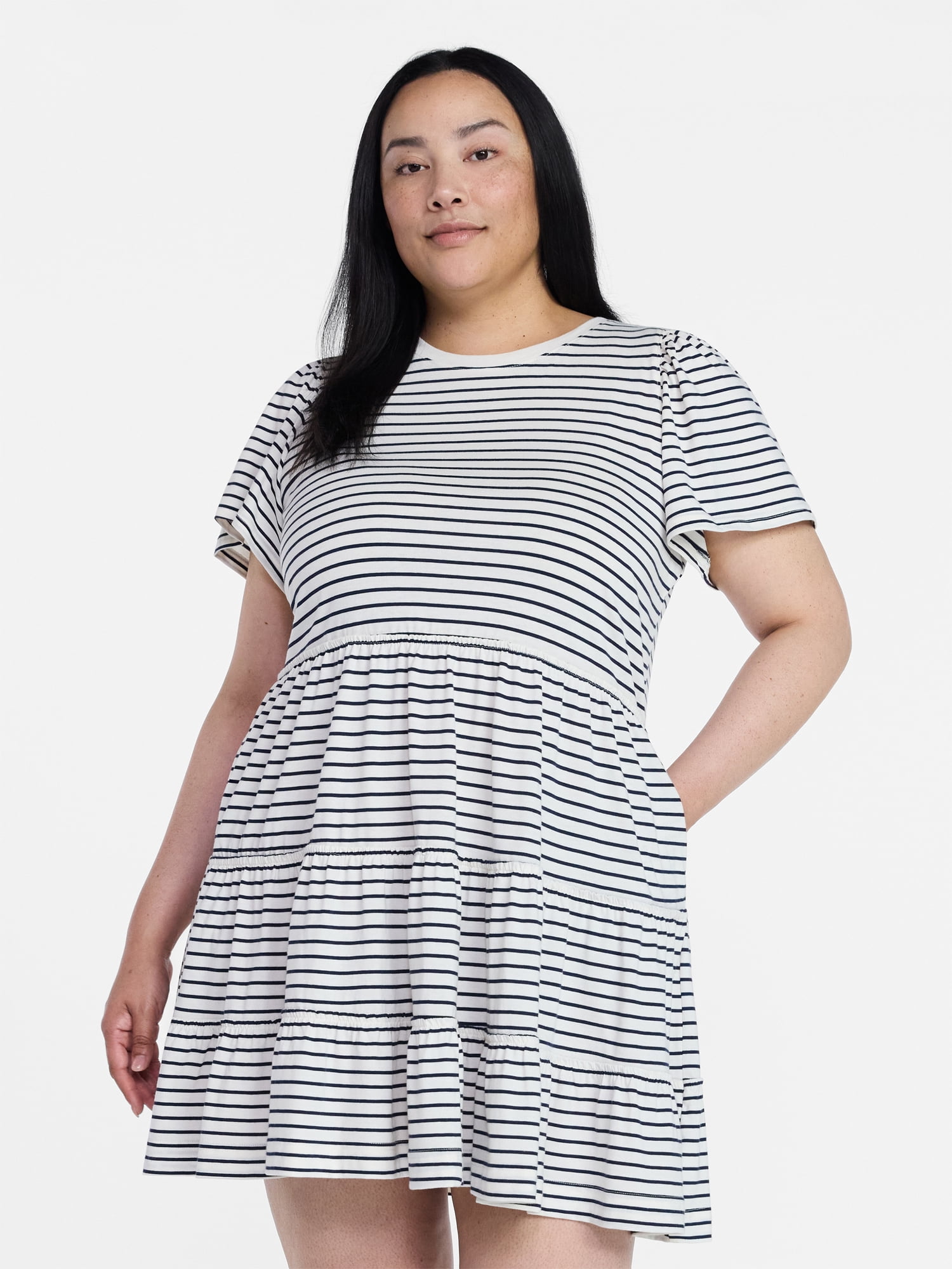 Time and Tru Women's and Women’s Plus Cotton Swing Dress with Short Sleeves, Sizes XS-4X