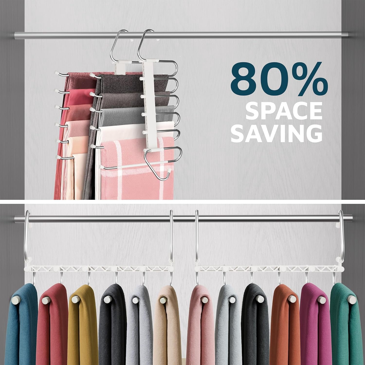 Lifemaster 6-Layer Space Saving Pants Hanger 1 Pack, S-Type Stainless Steel Closet Organizer for Jeans, Pants, Skirts & Scarves, Anti-Slip, White