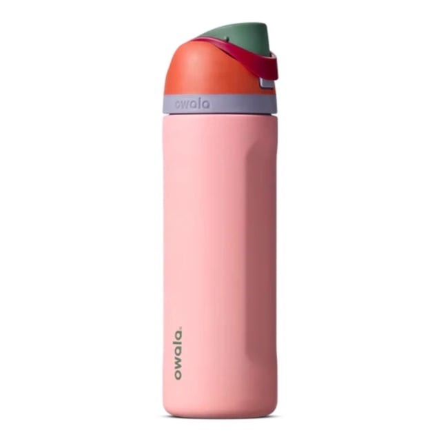 termo owala freesip de 24oz (709ml) de acero inoxidable térmico, sugar high — botella cilíndrica rosa con tapa multicolor (verde, naranja y fucsia) y asa abatible; boquilla FreeSip patentada con popote integrado y botón de apertura rápida; cuerpo mate de acero inoxidable 18/8 con logo owala; aislamiento de triple capa mantiene bebidas frías hasta 24 horas; tapa apta para lavavajillas, cuerpo recomendable lavar a mano. Ideal para gimnasio, escuela o uso diario.