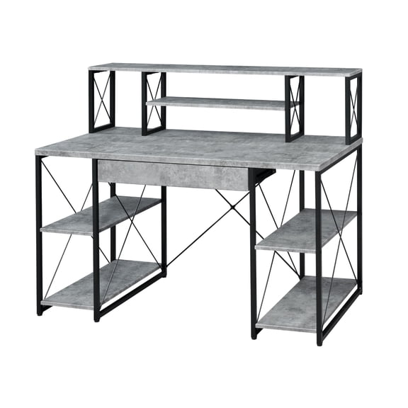 Metal Desk with 4 Open Bottom Shelves and Bookcase Hutch Gray and Black - Saltoro Sherpi