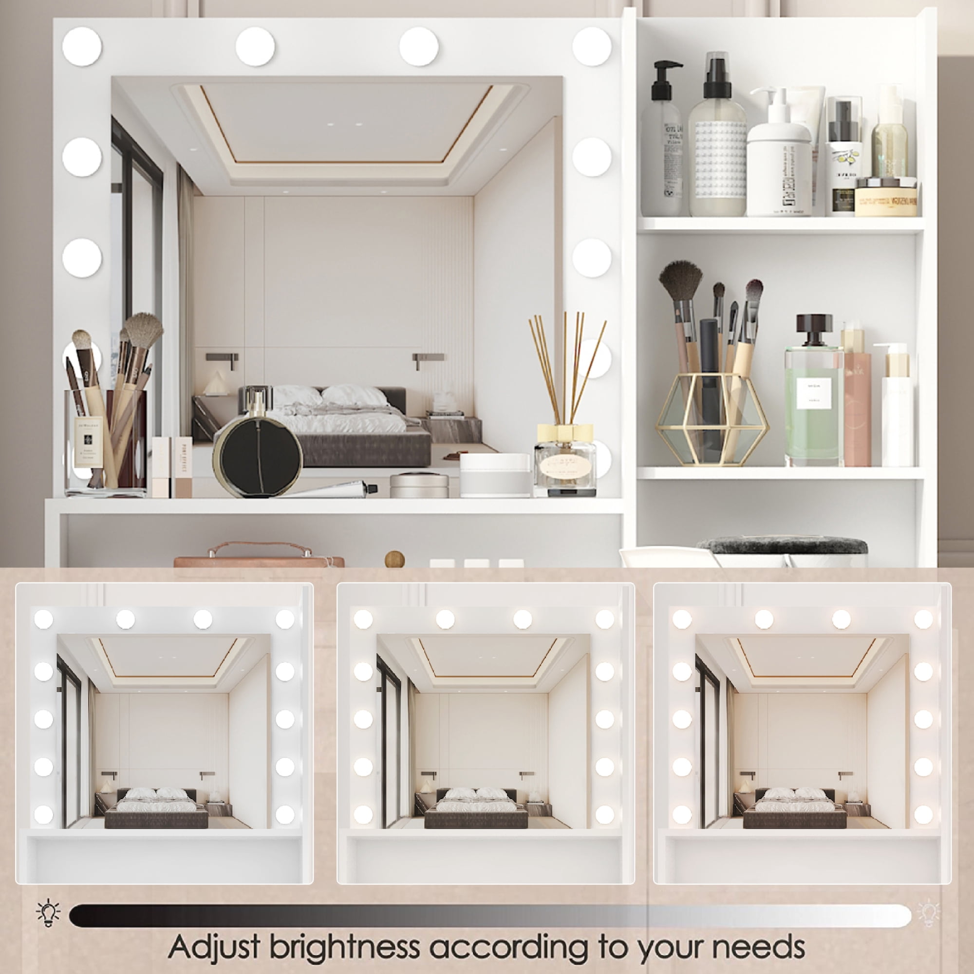 Vanity Desk with Mirror & Light,Large Makeup Vanity Table Dressing Table,3 Lighting Modes Adjustable Brightness for Bedroom,White