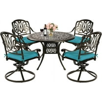 MEETWARM 5-Piece Outdoor Patio Dining Set, All-Weather Cast Aluminum Patio Conversation Set for Backyard Garden Deck with 4 Cushions Swivel Rocker Chairs and 35.4" Round Table, Ocean Blue