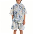 thumbnail image 3 of Pretxorve Kids Boys Short Sleeve Set Solid Textured Woven Collared Shirt Top Pocket Long Pants Casual Outfits 2-13Y, 3 of 5
