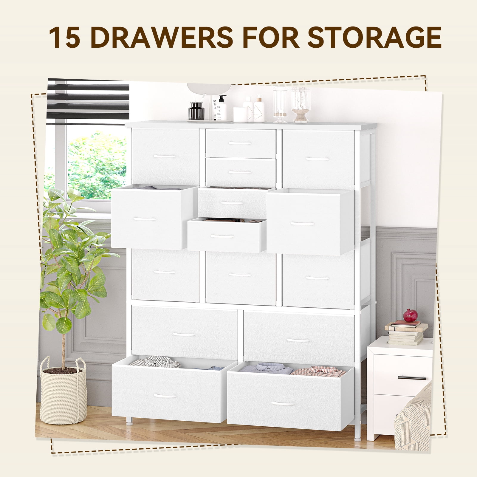 Towallmark 48" H Tall Dresser with 15 Drawers Dressers for Bedroom Fabric Storage Dresser & Chest of Drawers(White)