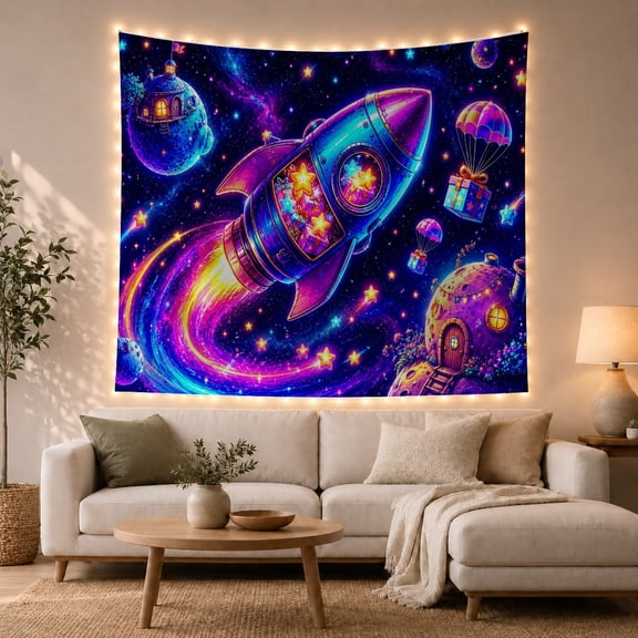 Moon Stars Rocket with Ship Angled Diagonally Soaring, Mystical Fantasy for Space Lovers, Galaxy Room Decor, Mother'S Day Gift, Tapestry Wall Hanging for Bedroom and Dorm
