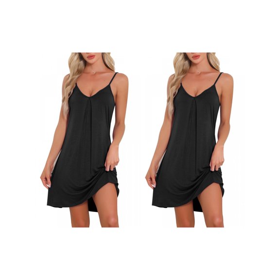 NOMADIC NOOK Women's 2 Pack Sleeveless Basic Camisole Nightwear V Neck Nightshirt Pajama Dress Chemise Slip Nightgowns 2 Pack Black X-Small