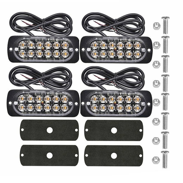 Luces de advertencia del coche 4PCS 12 LED estroboscópico Luz blanca + Luz amarilla Baliza de peligro Intermitente de emergencia Barras de luz de marcador lateral Señal de advertencia Lámpara intermit