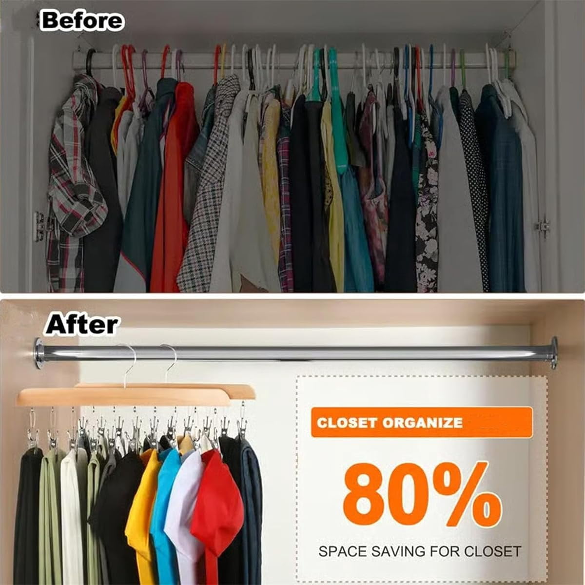 Closet Organizer with 10 Clips - 360° Rotating Wooden Pants Hanger, Space-Saving Rack for Leggings, Jeans and Hats