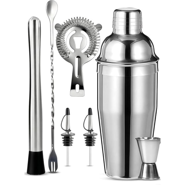 Kit de Coctelería Profesional, 7 Piezas Acero Inoxidable con Coctelera 550ml, Probeta Graduada, Cuchara Mezcladora, Vertedor, Colador y Agitador - Set Completo para Barman, Hogar y Regalos