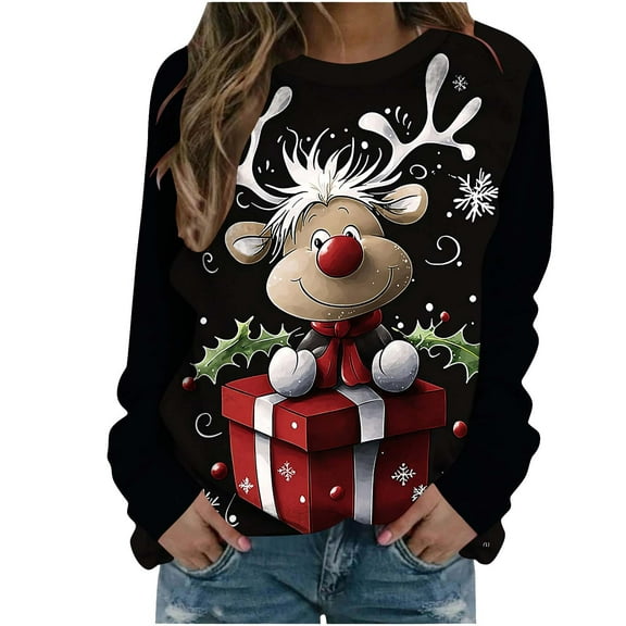asdoklhq Thanksgiving Sweaters for Women Christmas Fashion Casual Print Round Neck Loose Long Capless Sweatshirt Sleeve Black XL
