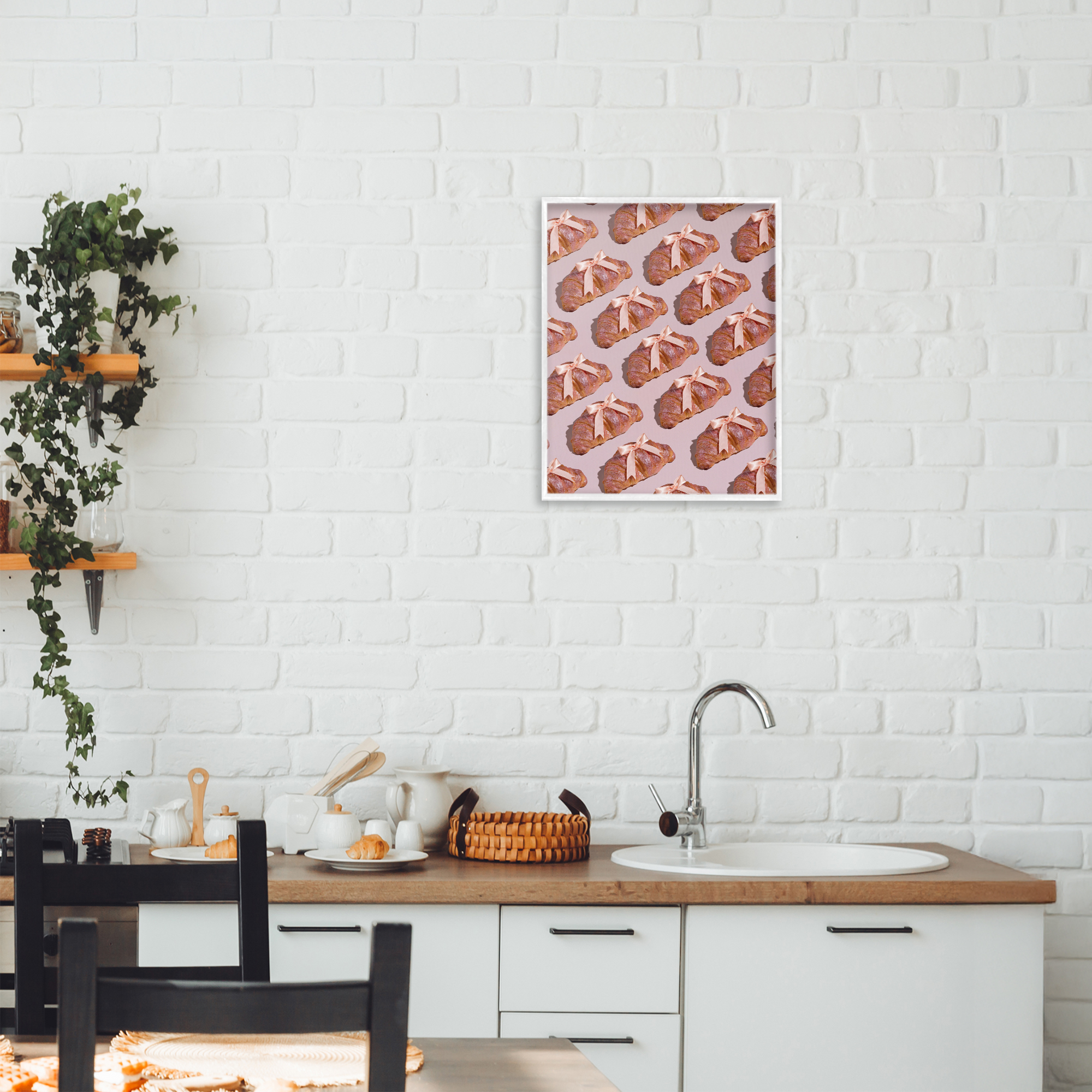 Stupell Industries Croissants with Ribbons Pattern White Framed Giclee Art, design by LISH Creative