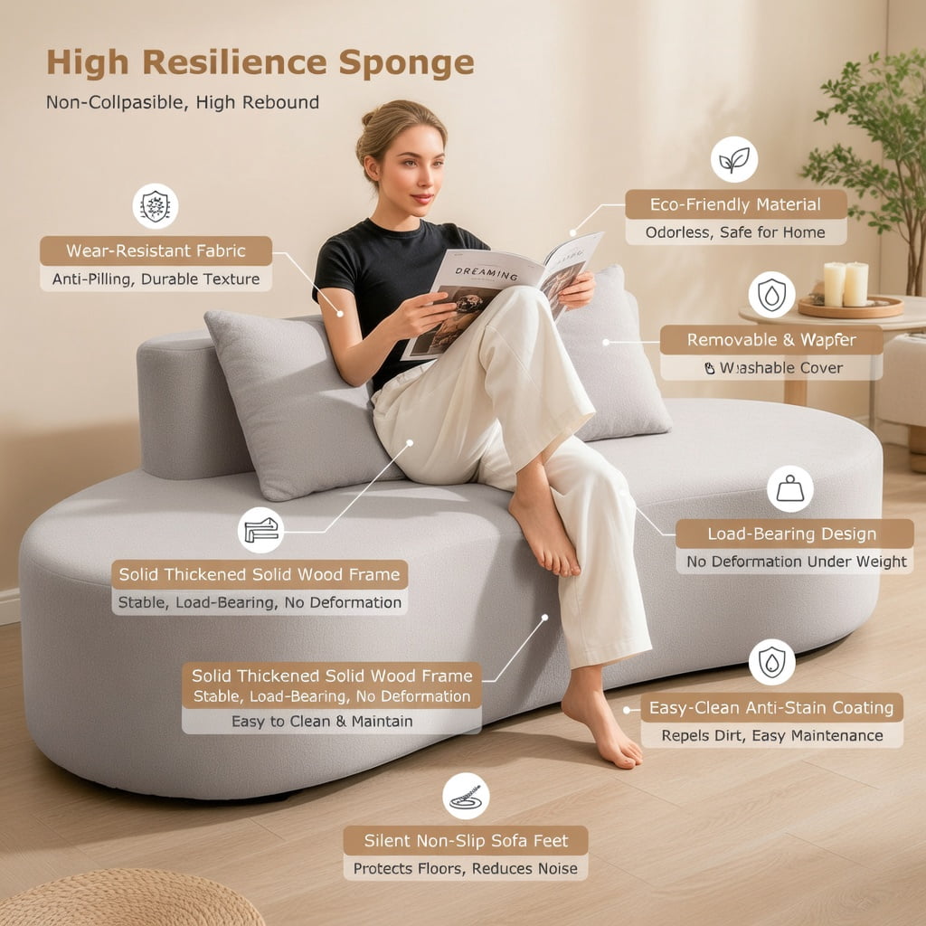 Hommoo Modern Curved Upholstered Sofa, Includes 2 Removable Pillows, Polyester Fabric Living Room Couch, Gray