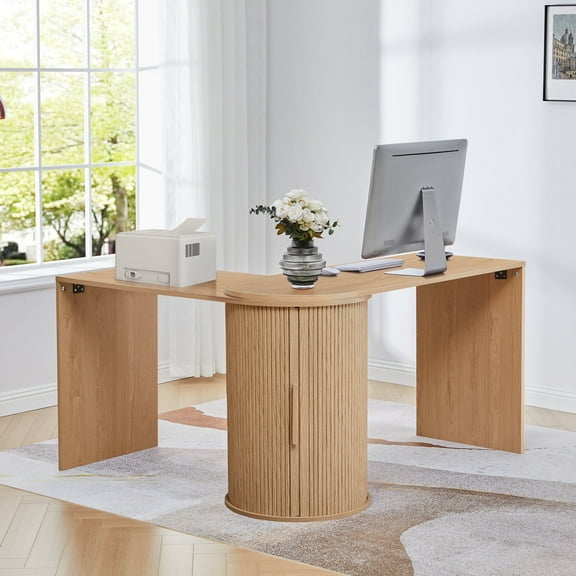 Wirrytor L Shaped Desk Corner Office Desk Computer Desk with Storage Cabinet, Gaming Desk, Gaming Computer Desks for Study,Working,Oak