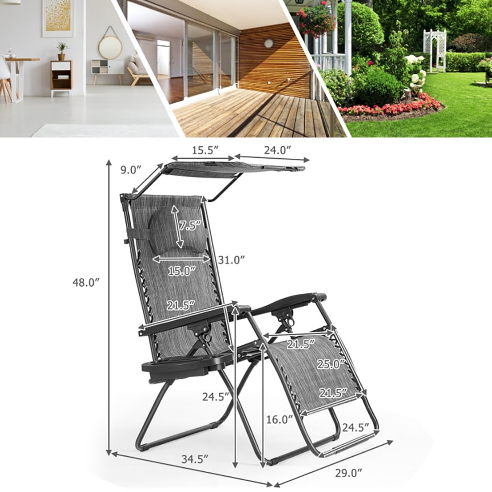 Aimee Lii Folding Recliner Lounge Chair with Shade Canopy Cup Holder, Outdoor Patio Furniture, Gray